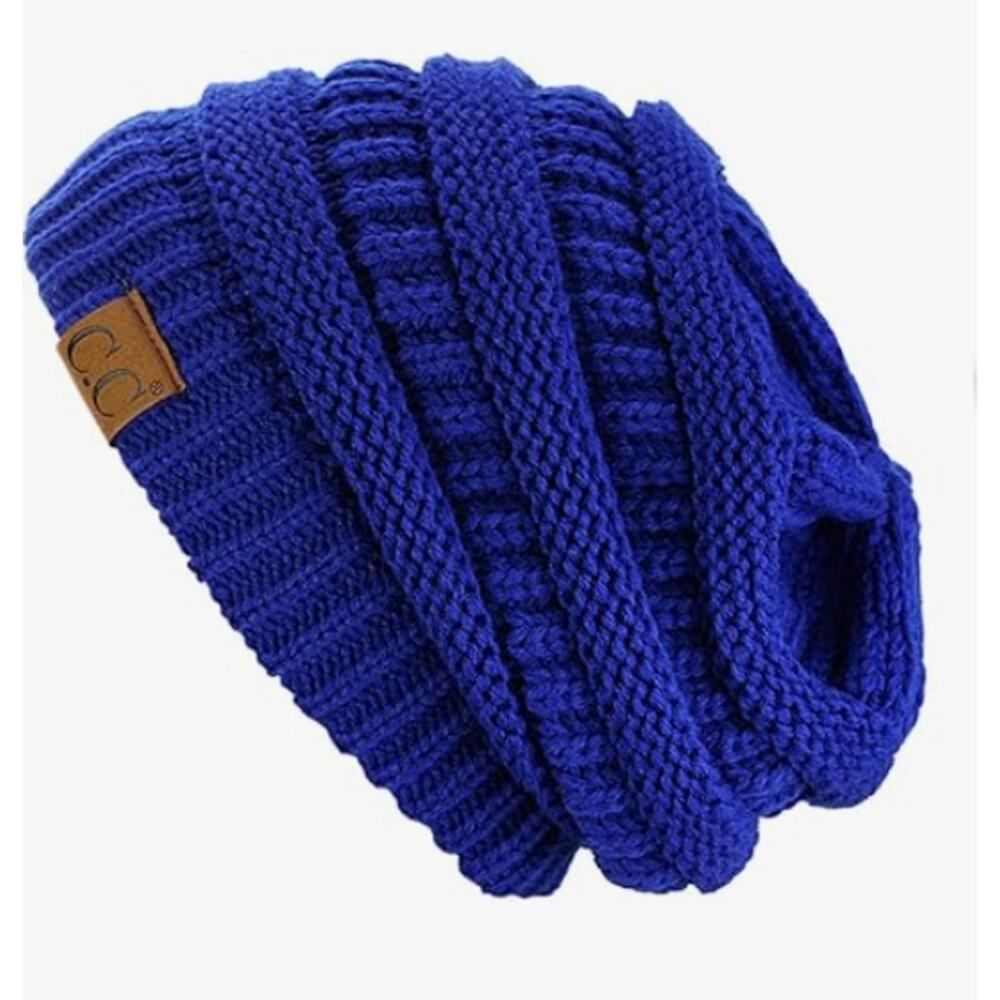 CC Cable Knit Beanie Ribbed Knitted Winter Beanie Hat Slouchy Fit Blue Womens OS